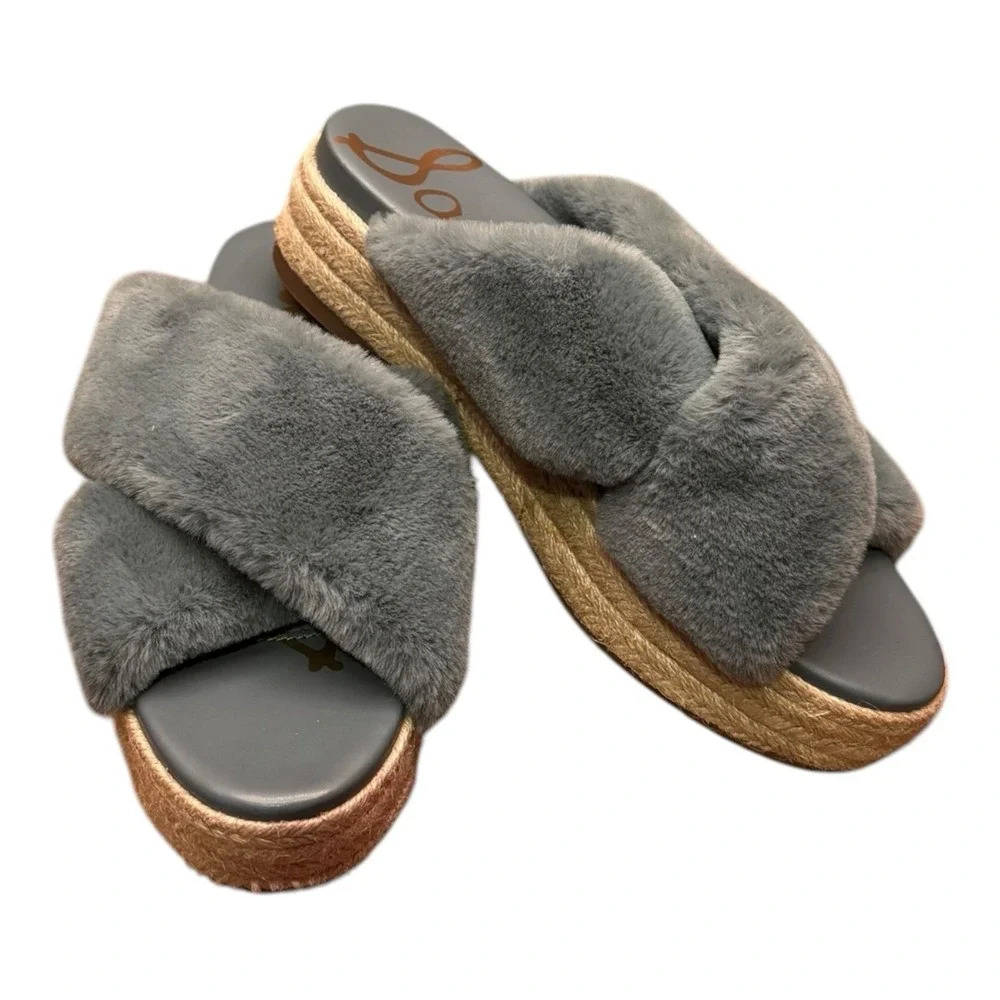 Sam Edelman Gray Faux Fur Criss Cross Espadrille Platform Slides Size 9.5